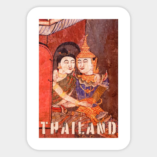 Antique Thai colorful temple mural of a young couple embracing in traditional period ceremonial clothing Sticker by Earthworx
